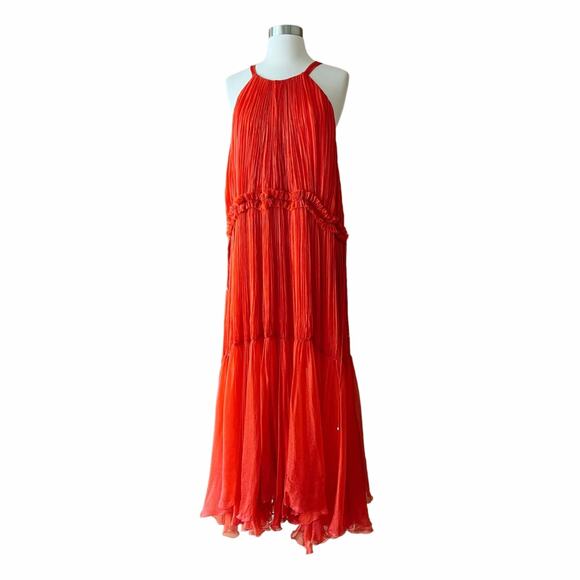 MARIA LUCIA HOHAN Maella Silk Tent Dress Red Chiffon Ruffled Plisse Halter Gown - Picture 4 of 16